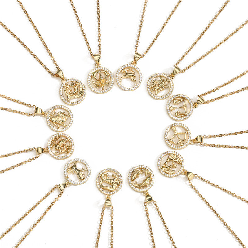 Collana con ciondolo Segni zodiacali dorati per donna, catena a O intarsiata in rame, design a borraccia, stile casual, alla moda, per il pendolarismo