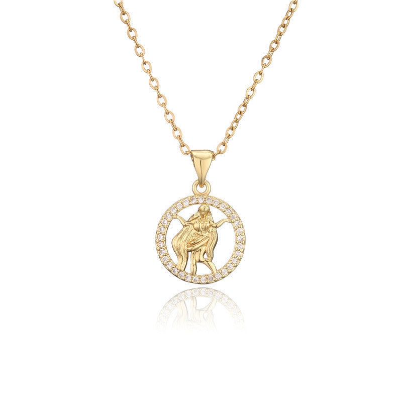 Collana con ciondolo Segni zodiacali dorati per donna, catena a O intarsiata in rame, design a borraccia, stile casual, alla moda, per il pendolarismo