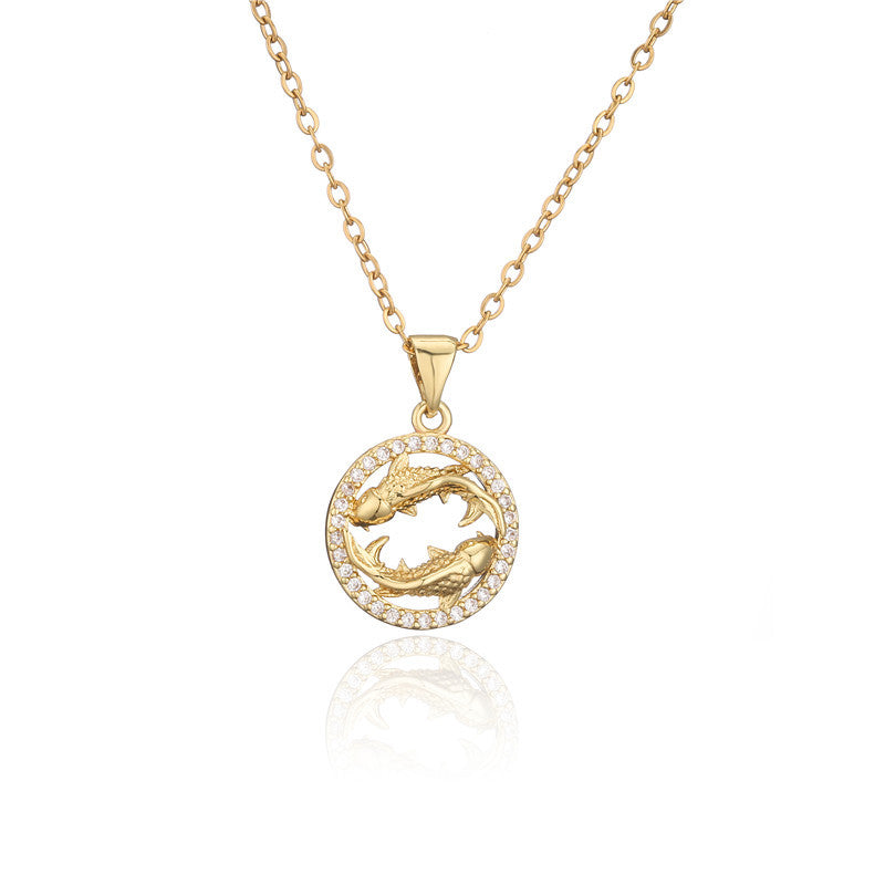 Collana con ciondolo Segni zodiacali dorati per donna, catena a O intarsiata in rame, design a borraccia, stile casual, alla moda, per il pendolarismo
