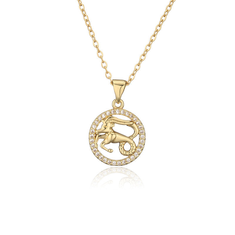 Collana con ciondolo Segni zodiacali dorati per donna, catena a O intarsiata in rame, design a borraccia, stile casual, alla moda, per il pendolarismo
