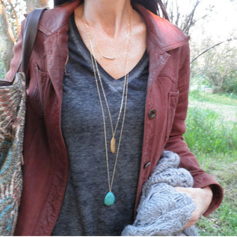 Minimalist Alloy Cross Chain Necklace with Turquoise Inlay and Leaf Teardrop Pendant