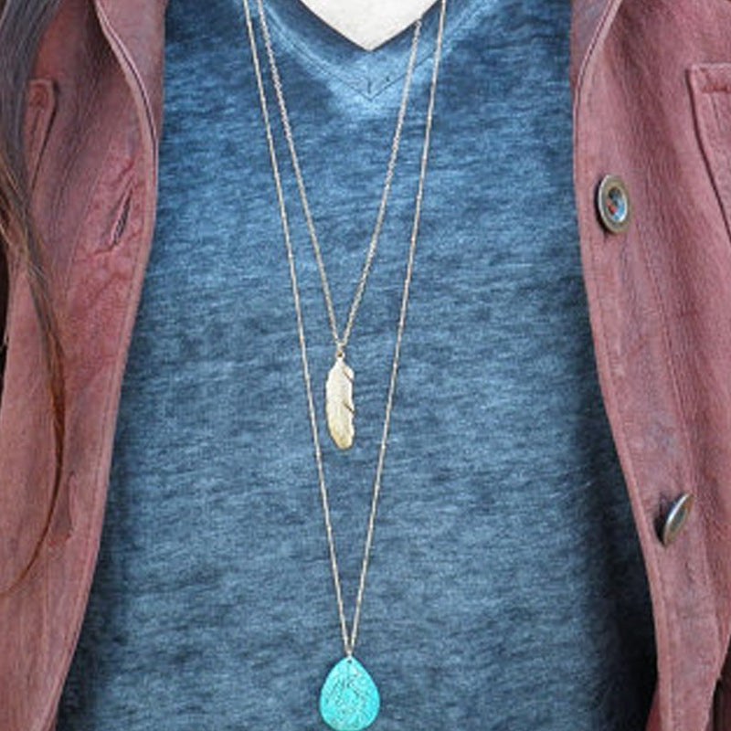 Minimalist Alloy Cross Chain Necklace with Turquoise Inlay and Leaf Teardrop Pendant