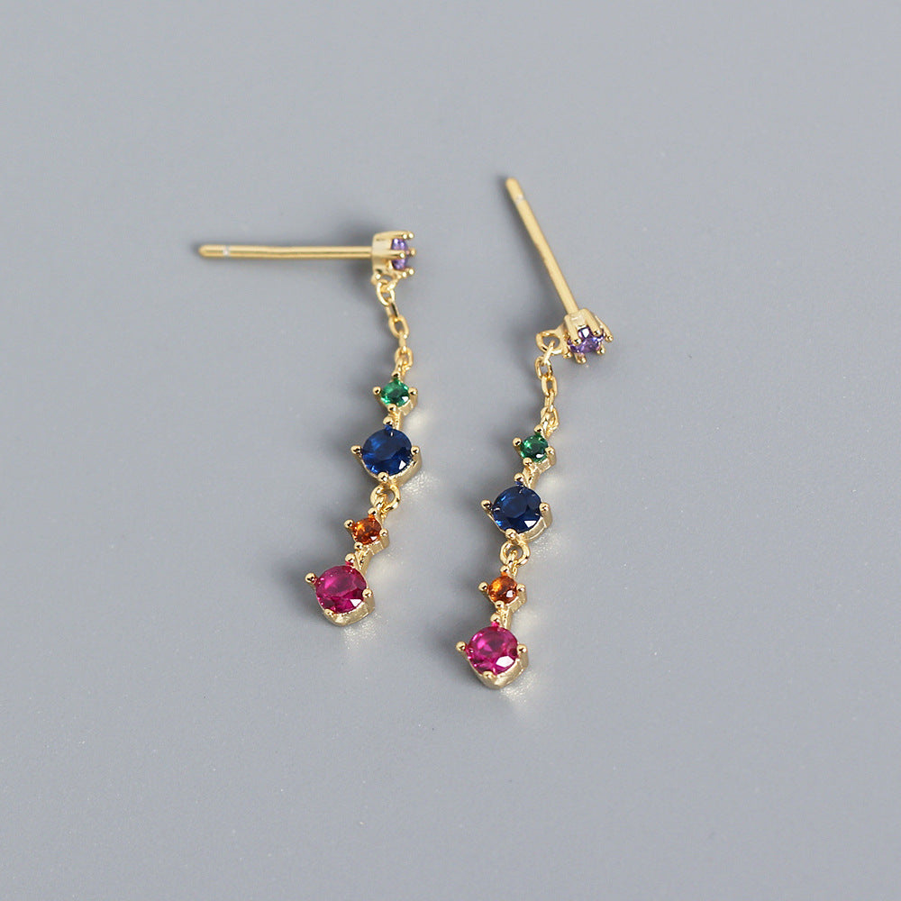Sweet Elegant 925 Sterling Silver Round Geometric Cubic Zirconia Inlay Long Tassel Earrings