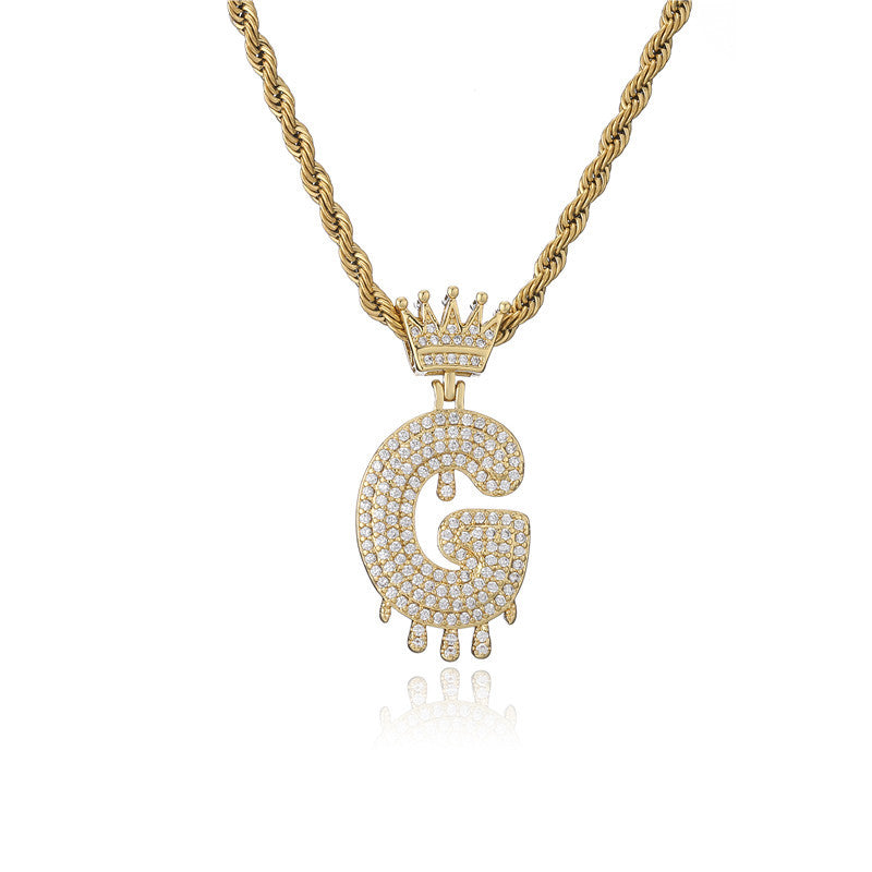Punk Hip-hop Gold Plated Letter Teardrop Brass Pendant Necklace with Rope Chain