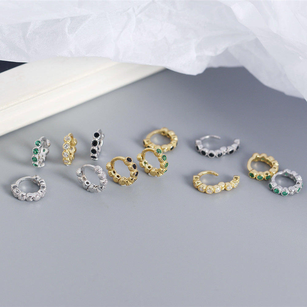 Streetwear 925 Argento Sterling Geometrico Rotondo con Strass Incastonati Orecchino a Polsino