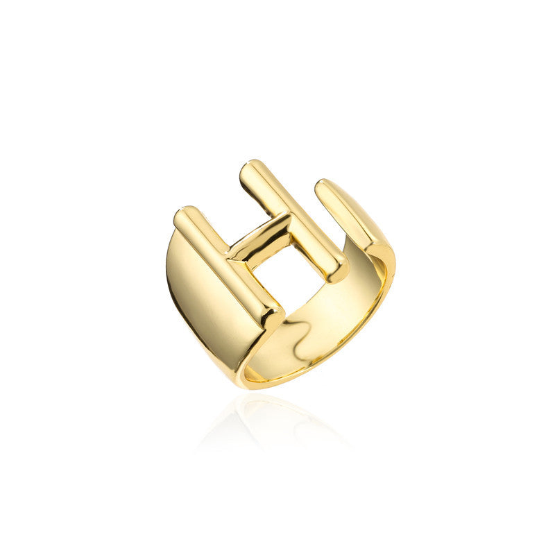 Copper Plated 18K Gold Letter Ring for Women, Adjustable Open Ring, Minimalist Fashion Casual Style, English Letter Design, Trendy Jewelry