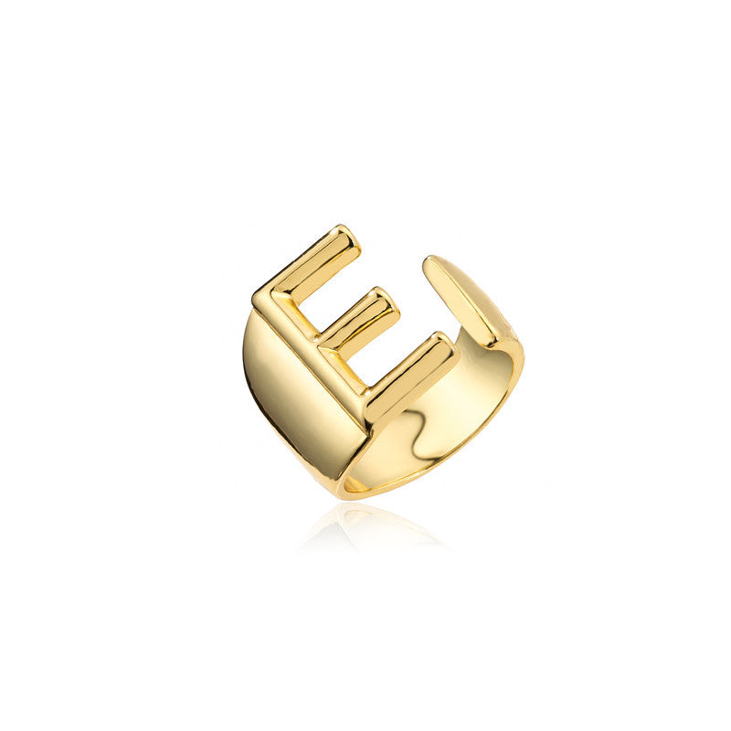 Copper Plated 18K Gold Letter Ring for Women, Adjustable Open Ring, Minimalist Fashion Casual Style, English Letter Design, Trendy Jewelry