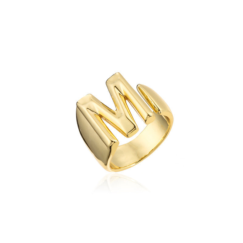 Copper Plated 18K Gold Letter Ring for Women, Adjustable Open Ring, Minimalist Fashion Casual Style, English Letter Design, Trendy Jewelry