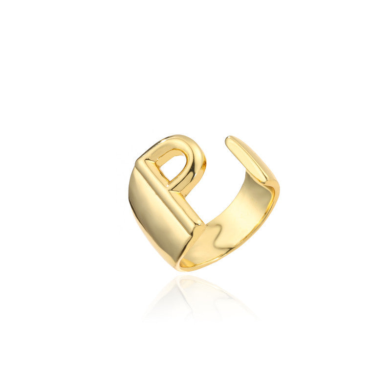 Copper Plated 18K Gold Letter Ring for Women, Adjustable Open Ring, Minimalist Fashion Casual Style, English Letter Design, Trendy Jewelry