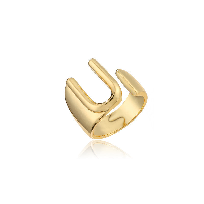 Copper Plated 18K Gold Letter Ring for Women, Adjustable Open Ring, Minimalist Fashion Casual Style, English Letter Design, Trendy Jewelry