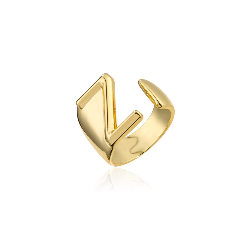 Copper Plated 18K Gold Letter Ring for Women, Adjustable Open Ring, Minimalist Fashion Casual Style, English Letter Design, Trendy Jewelry
