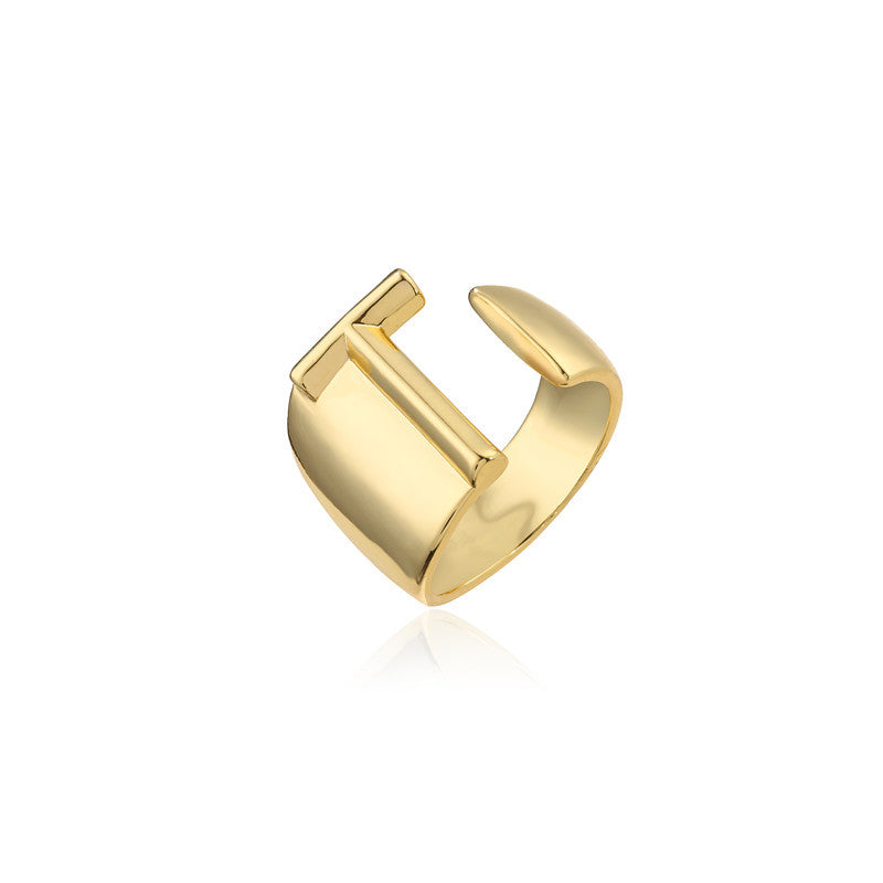 Copper Plated 18K Gold Letter Ring for Women, Adjustable Open Ring, Minimalist Fashion Casual Style, English Letter Design, Trendy Jewelry