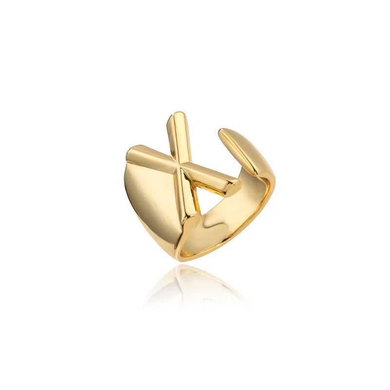 Copper Plated 18K Gold Letter Ring for Women, Adjustable Open Ring, Minimalist Fashion Casual Style, English Letter Design, Trendy Jewelry