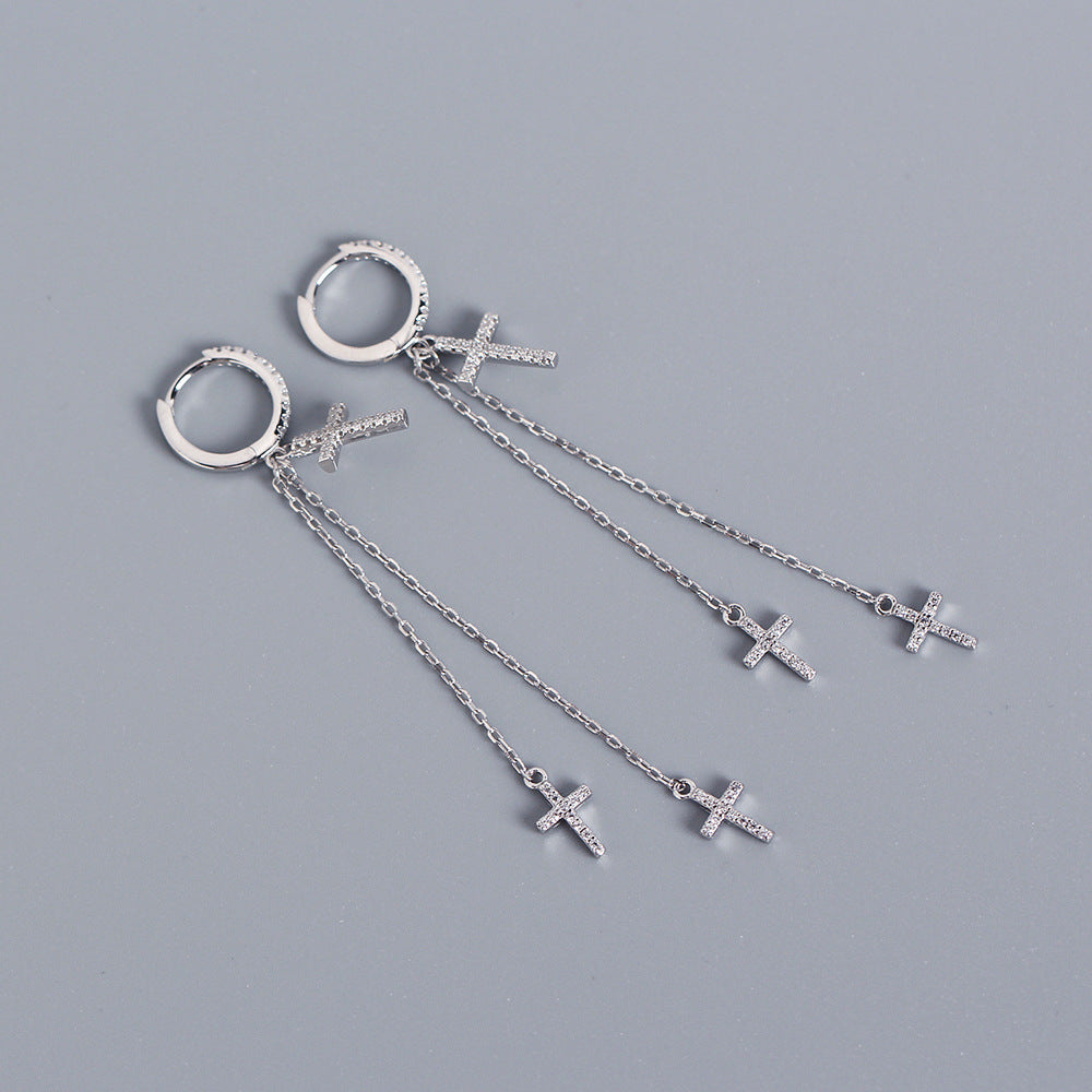 Orecchini da donna con croce in argento sterling 925 e strass intarsiati