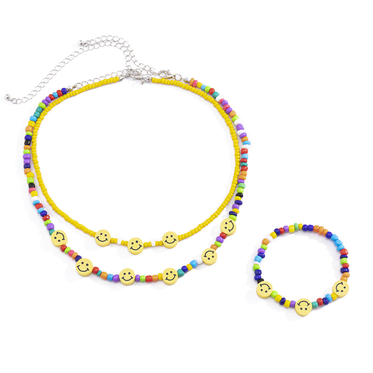 Collar Minimalista Geométrico de Cuentas con Colgante de Cara Sonriente - Conjunto de Cadenas de Mujer Multicapa Hecho a Mano