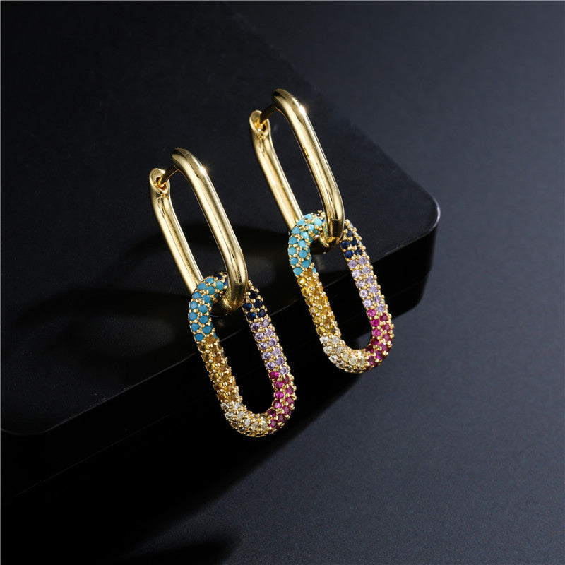 Hip-hop Elegant Geometric Gold Plated Brass Earrings with Colorful Cubic Zirconia Inlay Double Ring Buckle
