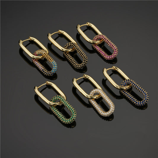 Hip-hop Elegant Geometric Gold Plated Brass Earrings with Colorful Cubic Zirconia Inlay Double Ring Buckle