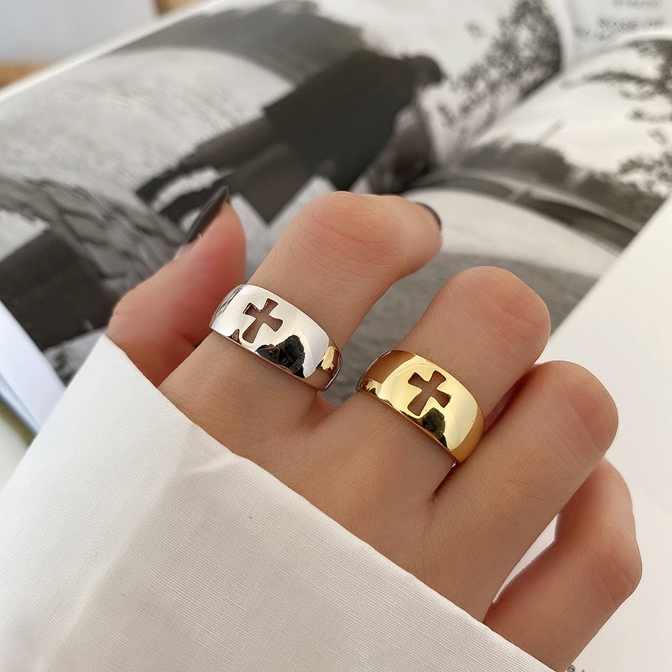 Minimalist 925 Sterling Silver Cross Ring for Women Adjustable Open Band