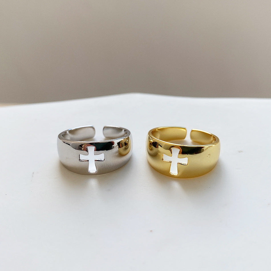 Minimalist 925 Sterling Silver Cross Ring for Women Adjustable Open Band