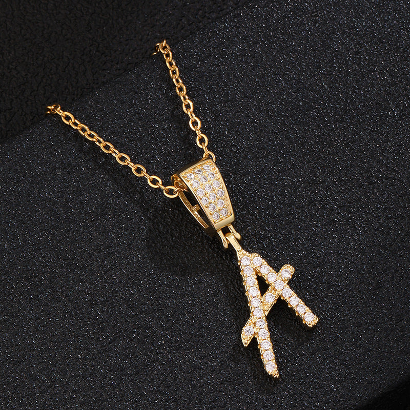 Collana con ciondolo a lettera in acciaio inossidabile con intarsio di strass, catena a O, regalo casual di moda per uomo e donna