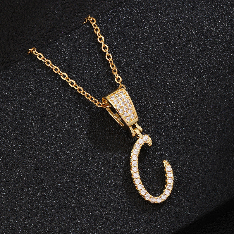 Collana con ciondolo a lettera in acciaio inossidabile con intarsio di strass, catena a O, regalo casual di moda per uomo e donna