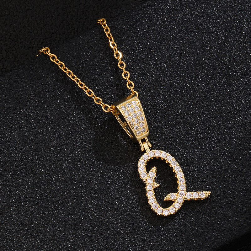 Collana con ciondolo a lettera in acciaio inossidabile con intarsio di strass, catena a O, regalo casual di moda per uomo e donna
