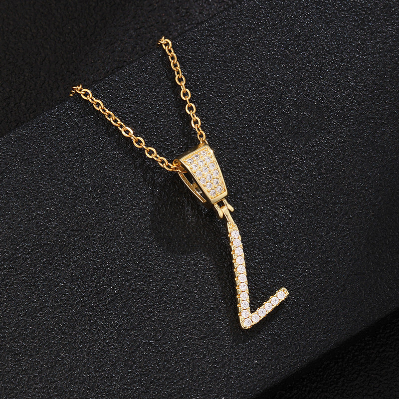 Collana con ciondolo a lettera in acciaio inossidabile con intarsio di strass, catena a O, regalo casual di moda per uomo e donna