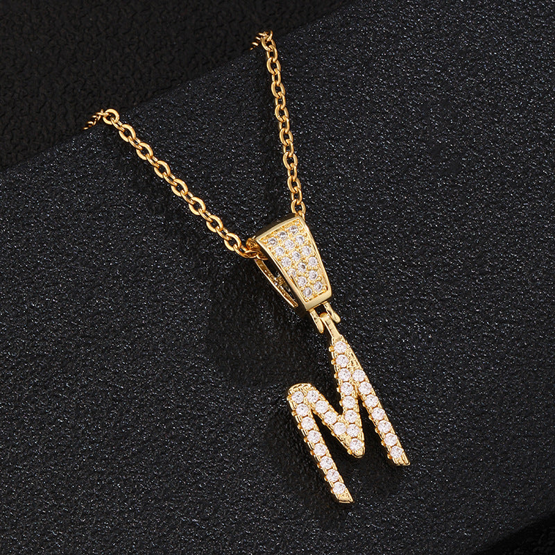 Collana con ciondolo a lettera in acciaio inossidabile con intarsio di strass, catena a O, regalo casual di moda per uomo e donna