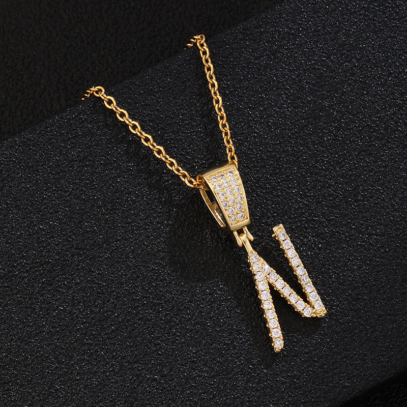 Collana con ciondolo a lettera in acciaio inossidabile con intarsio di strass, catena a O, regalo casual di moda per uomo e donna