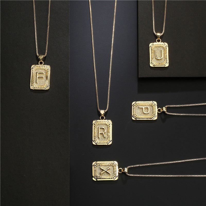 Vintage Hip-hop Gold Plated Brass Square Letter Pendant Box Chain Necklace