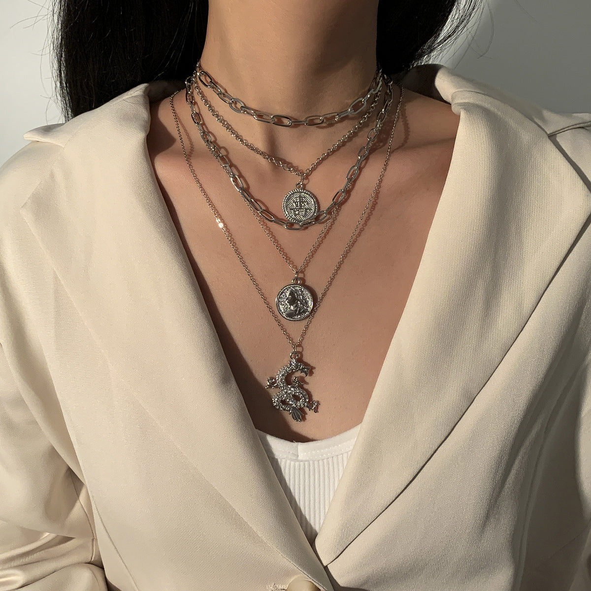 Geometric Letter Vintage Alloy Cross Chain Necklace for Women