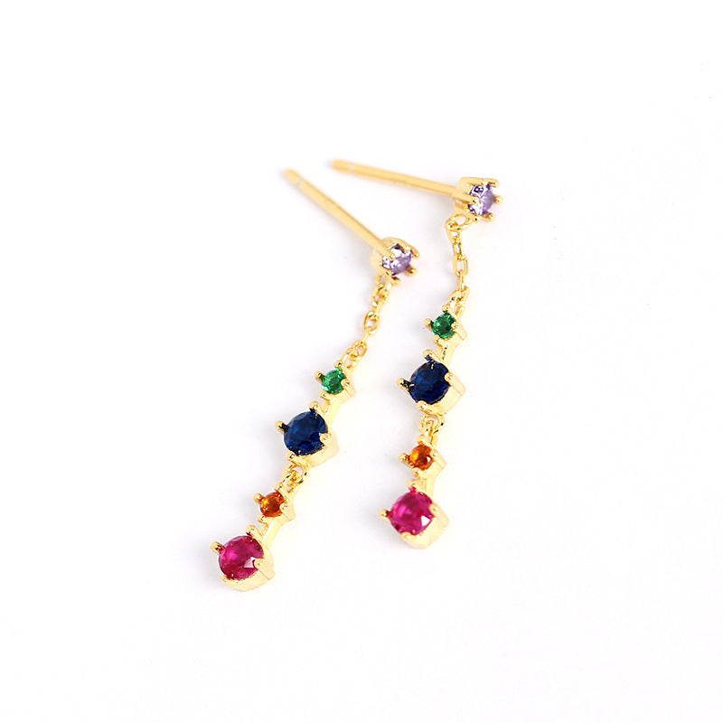 Sweet Elegant 925 Sterling Silver Round Geometric Cubic Zirconia Inlay Long Tassel Earrings