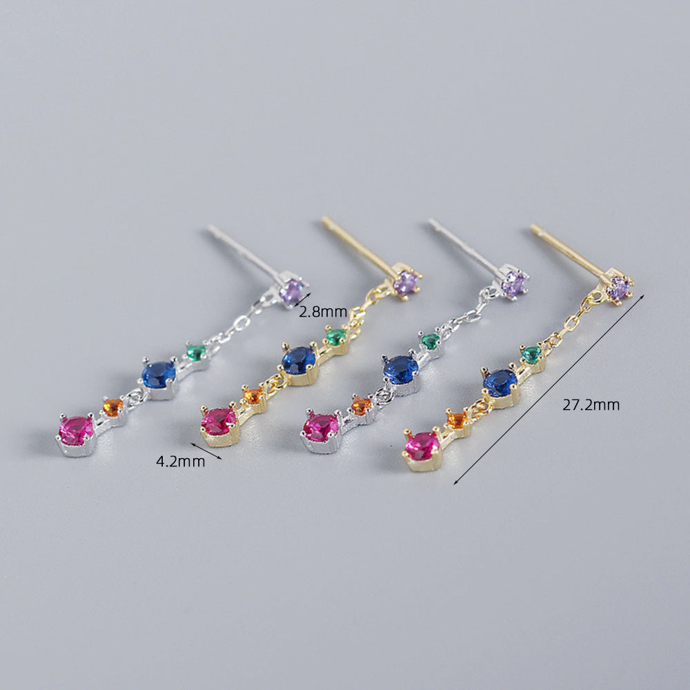 Sweet Elegant 925 Sterling Silver Round Geometric Cubic Zirconia Inlay Long Tassel Earrings