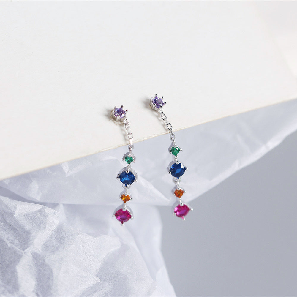 Sweet Elegant 925 Sterling Silver Round Geometric Cubic Zirconia Inlay Long Tassel Earrings