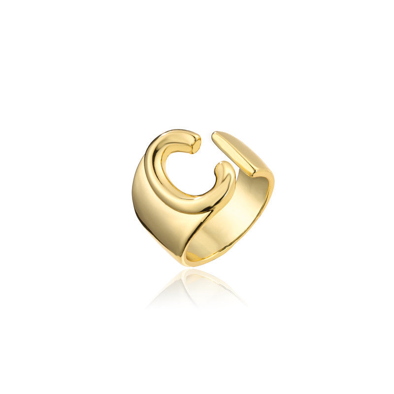 Copper Plated 18K Gold Letter Ring for Women, Adjustable Open Ring, Minimalist Fashion Casual Style, English Letter Design, Trendy Jewelry