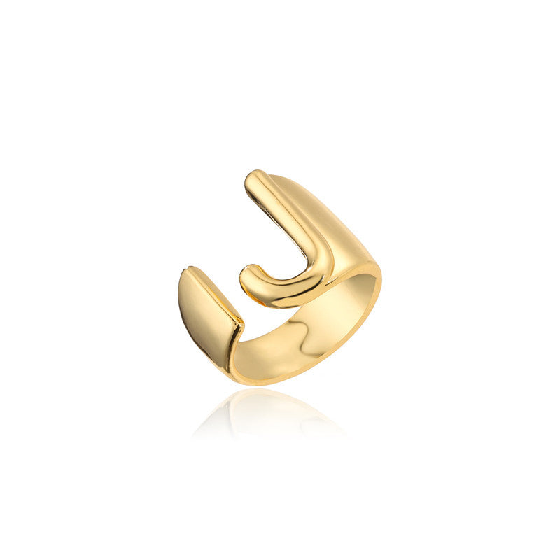 Copper Plated 18K Gold Letter Ring for Women, Adjustable Open Ring, Minimalist Fashion Casual Style, English Letter Design, Trendy Jewelry