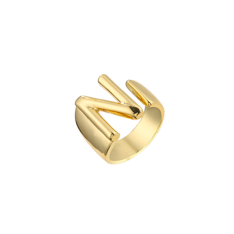 Copper Plated 18K Gold Letter Ring for Women, Adjustable Open Ring, Minimalist Fashion Casual Style, English Letter Design, Trendy Jewelry
