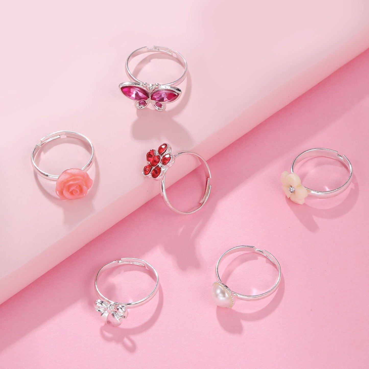 Sweet Cartoon Colorful Rhinestone and Pearl Butterfly Flower Moon Geometric Adjustable Alloy Ring for Women