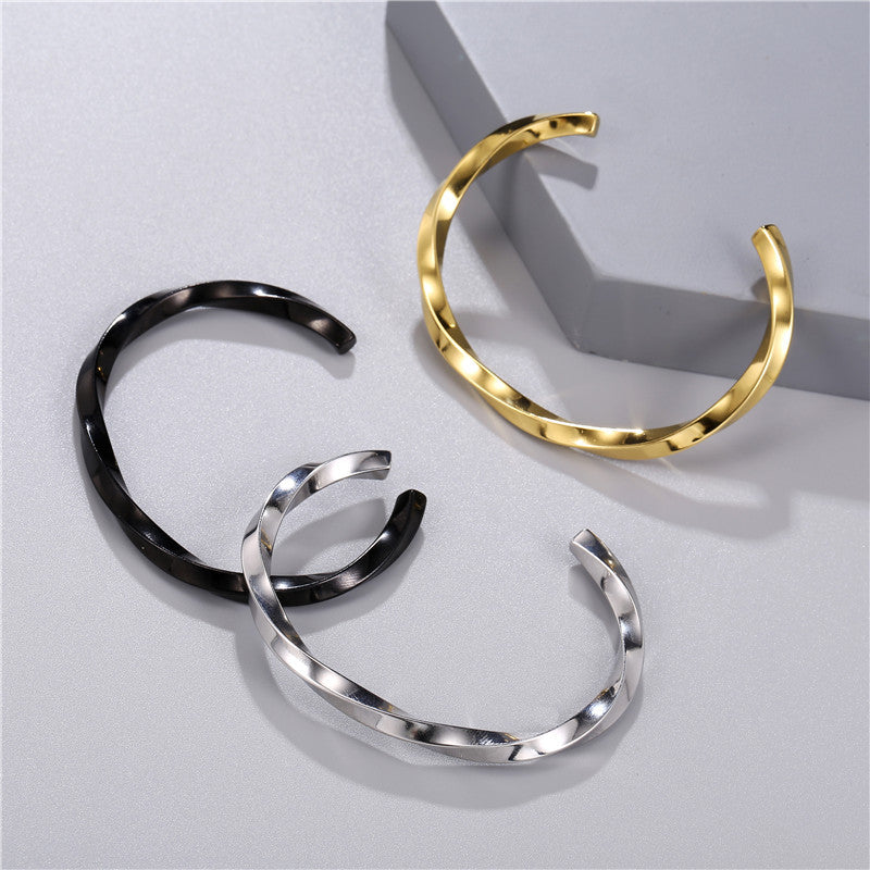 Fashion Twisted Geometric Round Titanium Steel Plated Open C-Shape Bangle Bracelet for Unisex