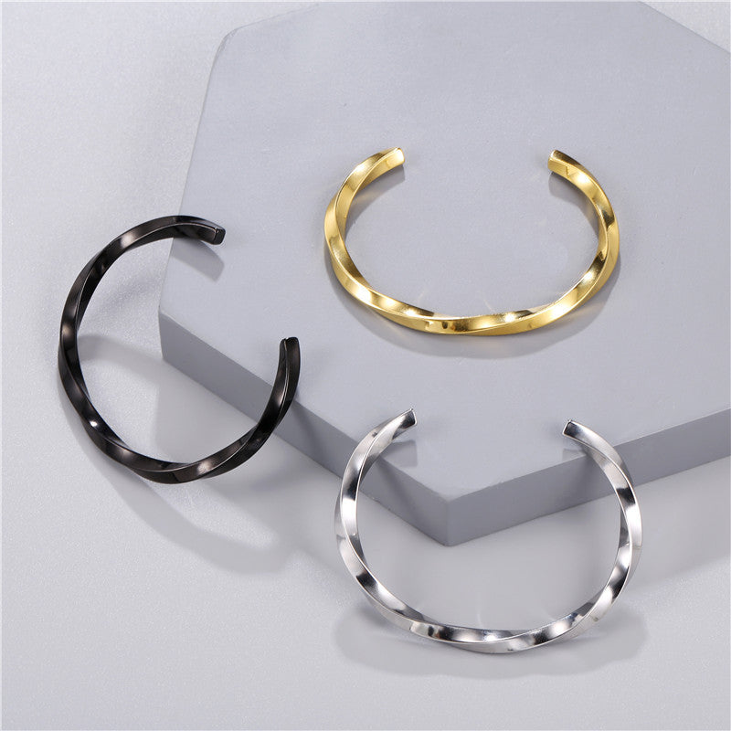 Fashion Twisted Geometric Round Titanium Steel Plated Open C-Shape Bangle Bracelet for Unisex