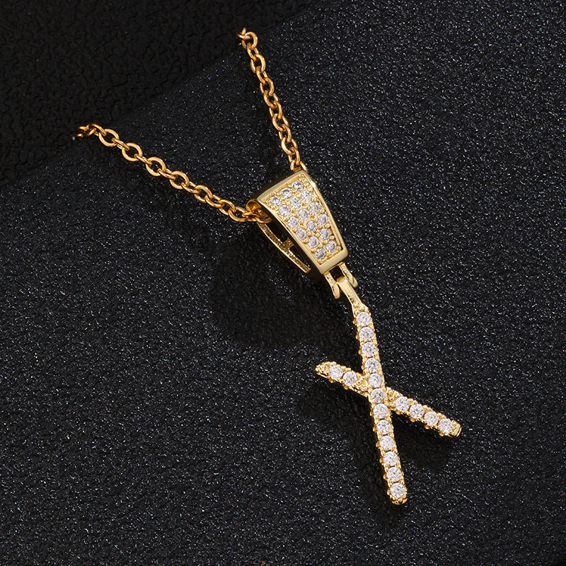 Collana con ciondolo a lettera in acciaio inossidabile con intarsio di strass, catena a O, regalo casual di moda per uomo e donna
