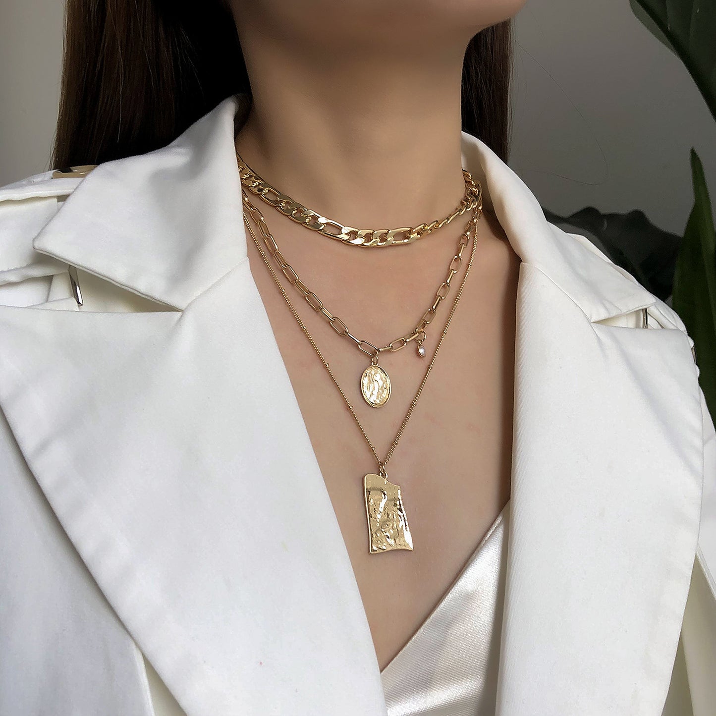 Fashion Geometric Hiphop Multi-Layer Alloy Cross Chain Necklace for Men Women Unisex