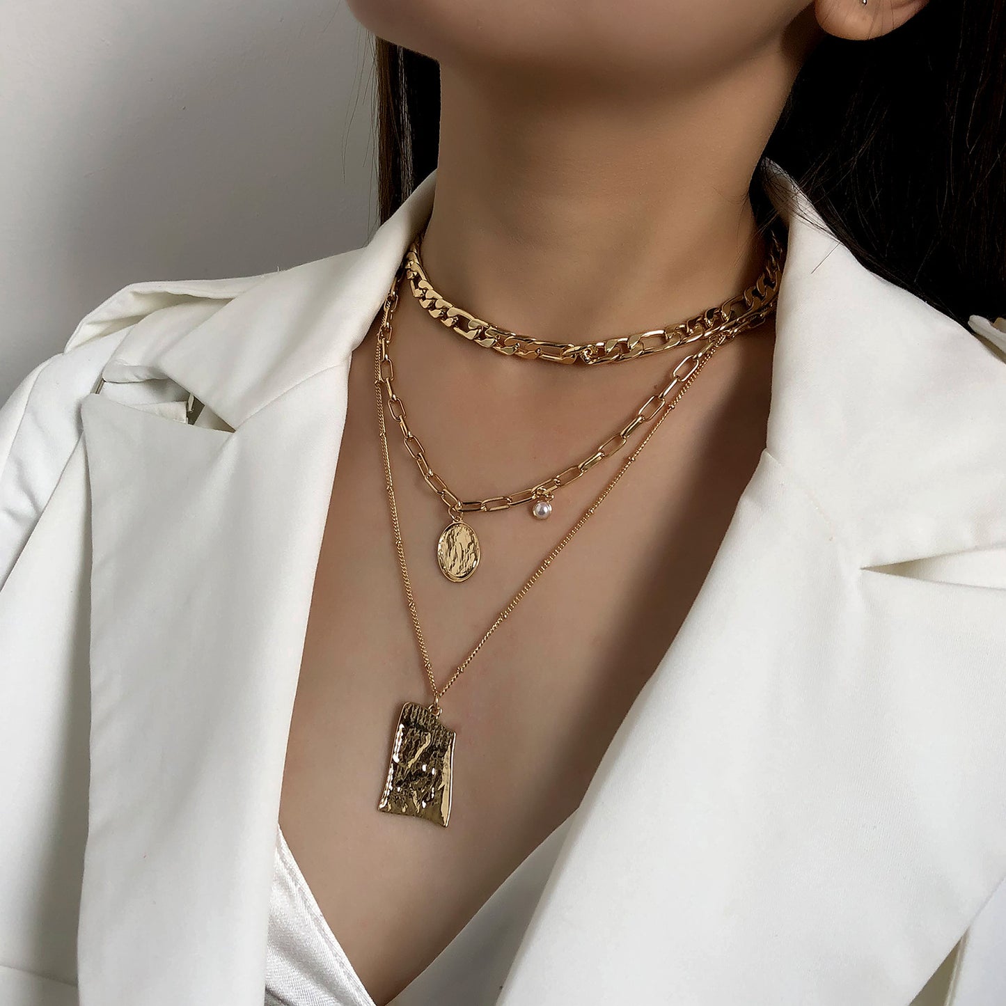Fashion Geometric Hiphop Multi-Layer Alloy Cross Chain Necklace for Men Women Unisex