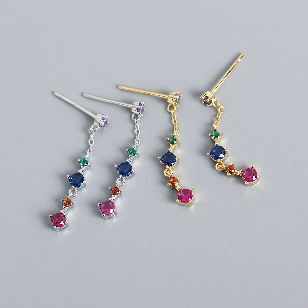 Sweet Elegant 925 Sterling Silver Round Geometric Cubic Zirconia Inlay Long Tassel Earrings