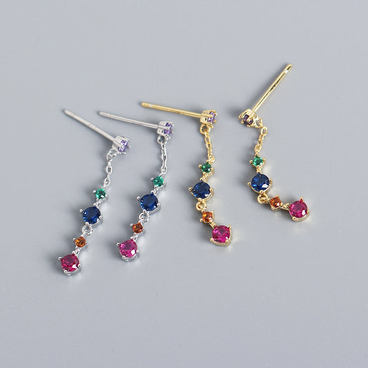 Orecchini pendenti lunghi con nappine, in argento sterling 925, geometrici, tondi, con zirconi cubici intarsiati