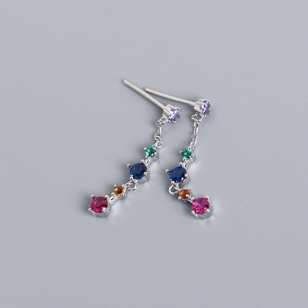 Sweet Elegant 925 Sterling Silver Round Geometric Cubic Zirconia Inlay Long Tassel Earrings