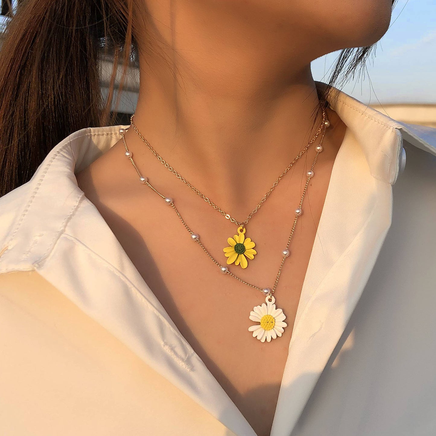 Women's Floral Alloy Pendant Necklace, Double Layer Cross Chain, Plated, Hip-Hop Fashion Jewelry, Trendy Accessory