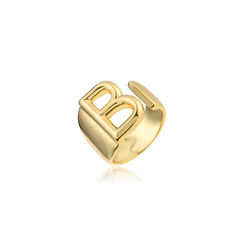 Copper Plated 18K Gold Letter Ring for Women, Adjustable Open Ring, Minimalist Fashion Casual Style, English Letter Design, Trendy Jewelry