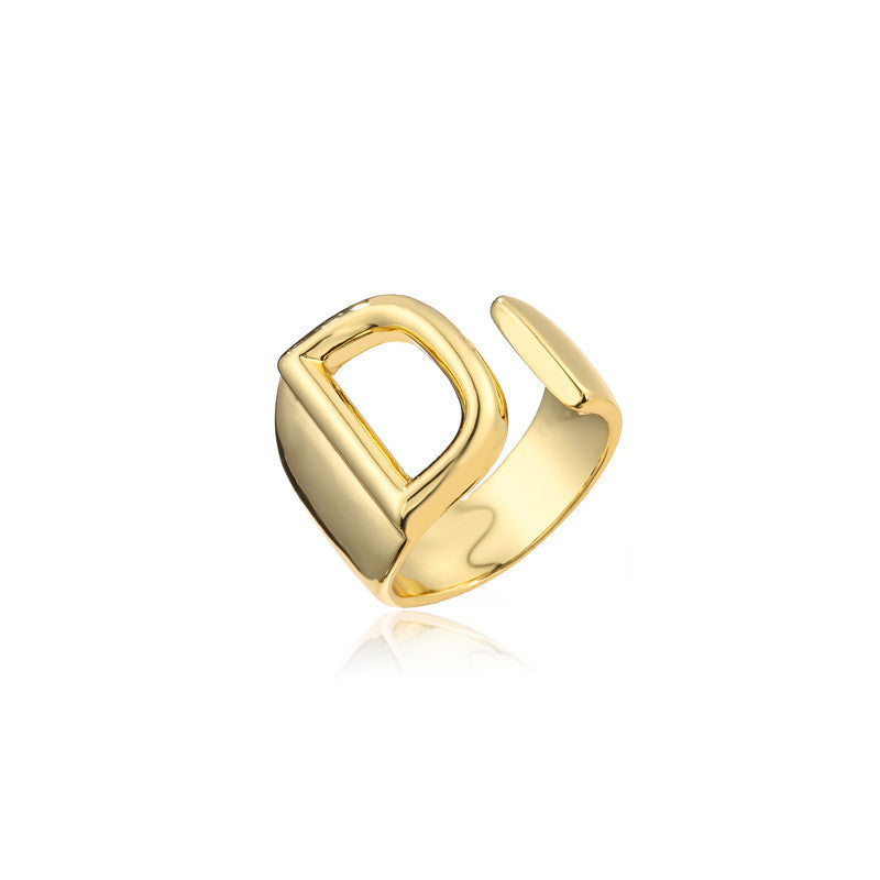 Copper Plated 18K Gold Letter Ring for Women, Adjustable Open Ring, Minimalist Fashion Casual Style, English Letter Design, Trendy Jewelry