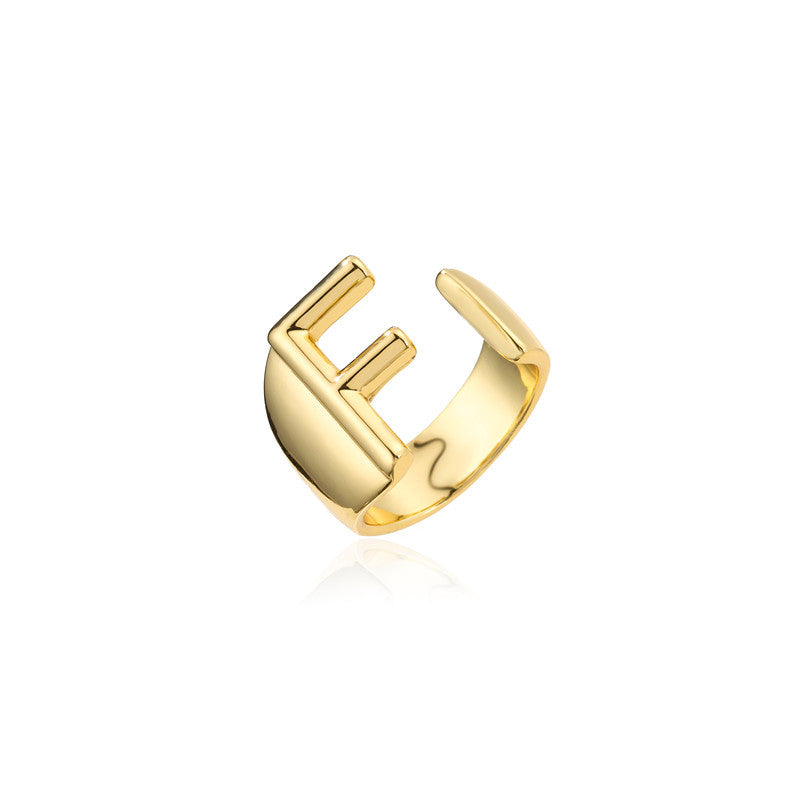 Copper Plated 18K Gold Letter Ring for Women, Adjustable Open Ring, Minimalist Fashion Casual Style, English Letter Design, Trendy Jewelry
